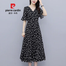 皮尔卡丹（pierrecardin）碎花雪纺连衣裙长款夏季女装2024年新款减龄遮腹洋气显瘦da码长裙 黑色 3XL  建议135-150斤