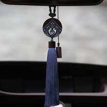 原创手绘设计 复古蓝如意平安汽车挂件 高档黑檀木后视镜车饰挂坠吊坠挂饰 女士车载挂件饰品 背面刻字 复古蓝如意车挂
