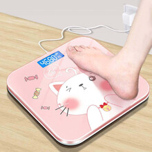 沐韩电子秤家用精准小型成人体称重计女生宿舍减肥可爱充电体重秤人体秤卡通动物智能电子称体重计 萌小喵-电池款