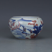 【芠拉】大清康熙年制青花釉里红山水水洗水罐 文房收藏老货旧货 古董古玩