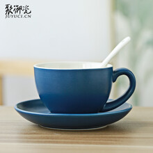 聚御瓷 咖啡杯套装 欧式 咖啡杯子陶瓷三件套  带陶瓷咖啡勺子 带陶瓷咖啡碟子六种颜色杯子200ml 蓝色 200ml陶瓷咖啡杯套装