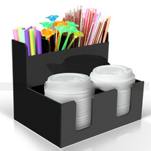 咖啡奶茶店用品 一次性纸杯架取分杯器吧台杯盖糖包吸管收纳架商用 黑直五格双开口