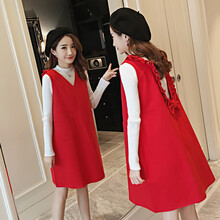 韵暖香 孕妇装冬装套装时尚2021秋季新款潮妈秋冬款两件套秋装中长款上衣背心连衣裙 红色 M