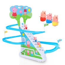 抖音同款小猪佩奇爬楼梯玩具 滑梯轨道带灯光电动滑梯男孩女孩儿童社会人玩具车 小猪佩琦USB供电(配3公仔)