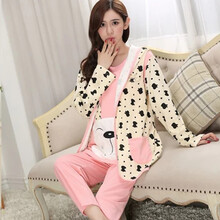 孕薇贝儿 春秋季孕妇装可外出哺乳睡衣月子服纯棉长衣长裤三件套装家居服 穗凤 197深粉3件套 XXL码