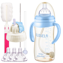 可拉贝拉 一瓶两用婴儿宽口径PPSU带吸管奶瓶 防摔防胀气宝宝新生儿塑料奶瓶套装 蓝色两用300ML送七 配Y孔