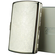 双枪TEAM PISTOL自动金属烟盒 铜质镀铬12支装唐草繁花/镀铬 防潮抗压小巧便携 银色雕花