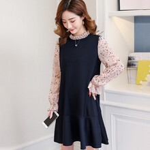 书果 孕妇装秋装上衣2021新款长袖雪纺孕妇连衣裙潮妈宽松假两件中长款孕妇裙子 蓝色 M