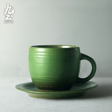 九土 日式手工粗陶咖啡杯带碟套装创意咖啡杯简约下午茶带碟情侣马克杯 窑绿
