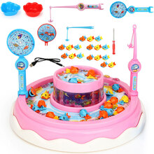 儿童电动磁性钓鱼玩具套装亲子互动游戏宝宝小孩男女1-2-3岁礼物 益智戏水玩具玩具礼物玩具礼物 声光电动双层旋转钓鱼(可加水)粉