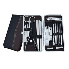 三根萝卜 修手修脚套装指甲剪套装指甲钳15件套不锈钢修甲器指甲刀套装 银色配件_经典黑软皮