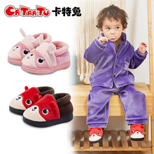 卡特兔儿童棉拖鞋男女宝宝二棉鞋加绒保暖中小童室内居家鞋软底防滑不掉跟冬季 红色 内长13cm/16码
