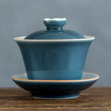 垚典 霁蓝彩色釉陶瓷白瓷紫口盖碗 红色喜庆三才盖碗大茶杯茶具 简约盖碗功夫茶具茶碗 霁青紫口-雅韵盖碗180ML
