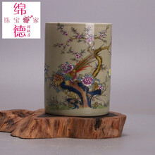 大清雍正粉彩花鸟图笔筒 景德镇仿古瓷器 古玩古董收藏复古摆件品