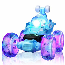【特技翻斗车】qdrone儿童玩具车遥控车翻斗车充电音乐遥控汽车特技车男孩玩具  炮塔版-28厘米蓝