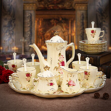 美瓷工坊 欧式宫廷咖啡具套装 经典款陶瓷茶具英式下午茶 咖啡杯碟勺托盘 家用水具杯具送礼品85105 宫廷款：大壶+糖罐+奶壶+6杯碟勺+陶瓷造型托盘