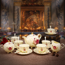 美瓷工坊 欧式咖啡具套装 宫廷陶瓷茶具英式下午茶杯碟勺配托盘 家用红茶花茶金边水具 英伦玫瑰2026 大壶+糖罐+奶壶+6杯6碟6勺