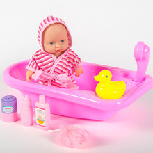 仿真洋娃娃宝宝儿童软胶洗澡戏水浴室玩具家政早教娃娃浴缸澡盆玩水套装婴儿浴室玩具 洗澡娃娃粉色条纹睡衣