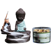 菲享 禅风茶宠倒流香炉 创意紫砂小和尚插香线熏炉陶瓷道家居办公茶盘摆件 行云流水绿色倒香炉+一盒檀香