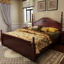 妃儿巢 美式床乡村床全实木木质深色复古田园床四柱床雕花双人床主卧1.8大床小户型特价床 排骨架床+【609床头柜】*1个+3D床垫 1800*2000