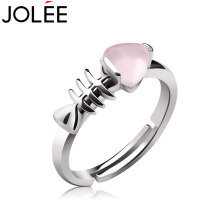 JOLEE戒指天然粉水晶S925银芙蓉石韩版简约可爱小鱼指环送女生告白礼物
