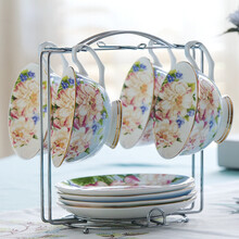 瓷秀源（cixiuyuan） 欧式咖啡杯套装6件套 骨瓷茶具花茶壶咖啡具套装送架子 蓝色-馨蕊（4杯+4碟+1架子）