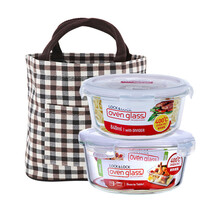 乐扣乐扣 分隔耐热玻璃保鲜盒套装 微波炉专用饭盒 泡面碗带盖密封便当盒餐盒圆形 赠带饭包 840(分格)+950ml