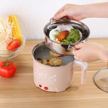 小功率多功能电煮锅 学生宿舍煮面泡面插电加热锅 家用迷你小型用锅火锅电烧锅 1.8L卡其色调节档+蒸笼+7礼品