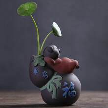 祥业 茶宠猪茶桌紫砂茶具陶瓷手工茶艺小盆栽茶道玩摆件精品可养桌面花器可爱家居装饰礼品 福猪花器-葫芦