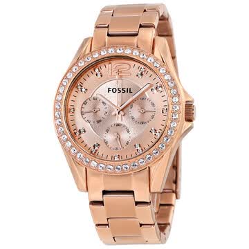 【京东商城】 全球购化石 fossil 玫瑰金色防水镶钻石英三眼计时钢带