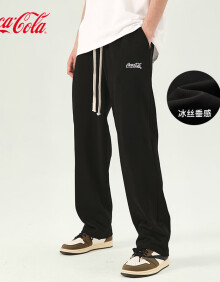 可口可乐（Coca-Cola）休闲裤男冰丝冰感垂感直筒裤子刺绣运动长裤 黑色冰丝 (XL)