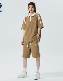 Hummel2024夏季新款polo领短袖t恤套装男女情侣装半袖衣服短裤两件套潮 咖啡 XL