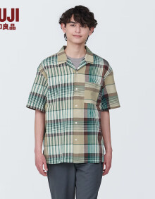 无印良品（MUJI） 男式 马德拉斯格纹 开领短袖衫 男士衬衫衬衣外套 格子 纯棉全棉 米色格纹 XL(180/104A)