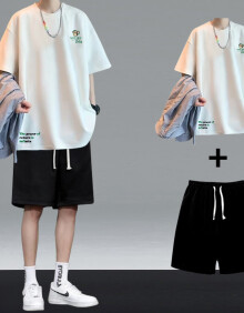 莫測短袖套装男夏季薄款纯棉t恤上衣短裤两件套 白黑 XL(180/96A) 