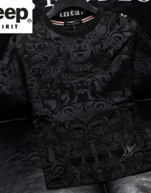 JEEP SPIRIT吉普欧洲站夏季新款潮流花纹圆领短袖T恤男士镂空透气修身半袖 黑色 M