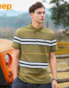 吉普（JEEP）短袖T恤男夏季Polo商务休闲衫男士凉感条纹衣服男装 绿色 XL 