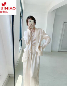 富贵鸟职业西装港风套装女复古chic白色阔腿裤休闲时尚两轻熟感 米白色两件套(长款) S
