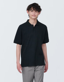 无印良品（MUJI）男式 华夫格编织 短袖POLO衫 男士 t恤 AB1MNA4S 黑色 XL 180/104A