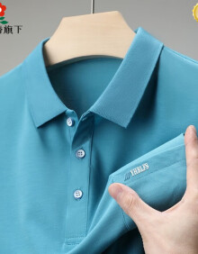 让的熊夏季新款纯色织条短袖翻领真口袋中老年时尚男士商务休闲T恤男 蓝色 M