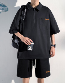 顶峰保罗（Dingfengbaoluo）休闲套装夏季短袖短裤薄款宽松透气运动男士套装TZ056黑色M