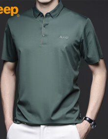 吉普（JEEP）T恤男士短袖夏季冰丝Polo商务休闲衫透气凉感衣服男装 军绿 XL 