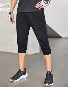 鸿星尔克（ERKE）男士休闲裤子棉质透气七分裤跑步训练束脚裤男士健身针织短裤男生 正黑 薄款 XL