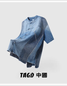 TAGD中國 新中式腰果花盘扣拼接牛仔短袖衬衫夏季新款设计感休闲衬衣 牛仔蓝 M