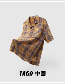 TAGD中國 复古男女短袖衬衫扎染复古做旧日系格子衬衣情侣上衣外套 咖紫撞色条纹 M