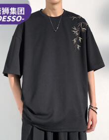 DESSO唐狮集团短袖T恤男夏季新中式国风竹子刺绣重磅宽松国潮圆领半袖 黑色 XL