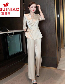 富贵鸟欧洲站名媛西服套装2021夏季职业丝滑三醋酸真丝西装长裤两女 香槟色 L