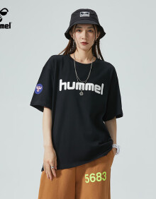 Hummel 夏季纯棉短袖T恤男女情侣装五分袖衣服宽松半袖重磅潮 黑色 2XL 