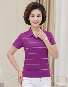 夏装新品妈妈装棉t恤中老年汗衫夏天衣服中年人女士翻领短袖衫 紫色