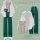 白衬衫+条纹背心+绿色阔腿裤 三