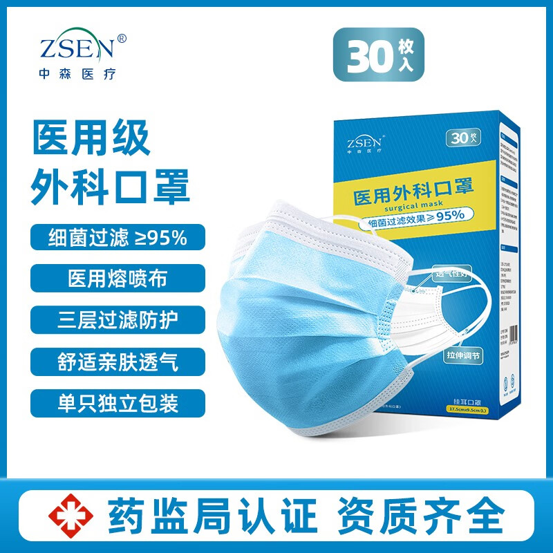 【独立包装】中森医疗 一次性医用外科口罩 30/盒*2盒